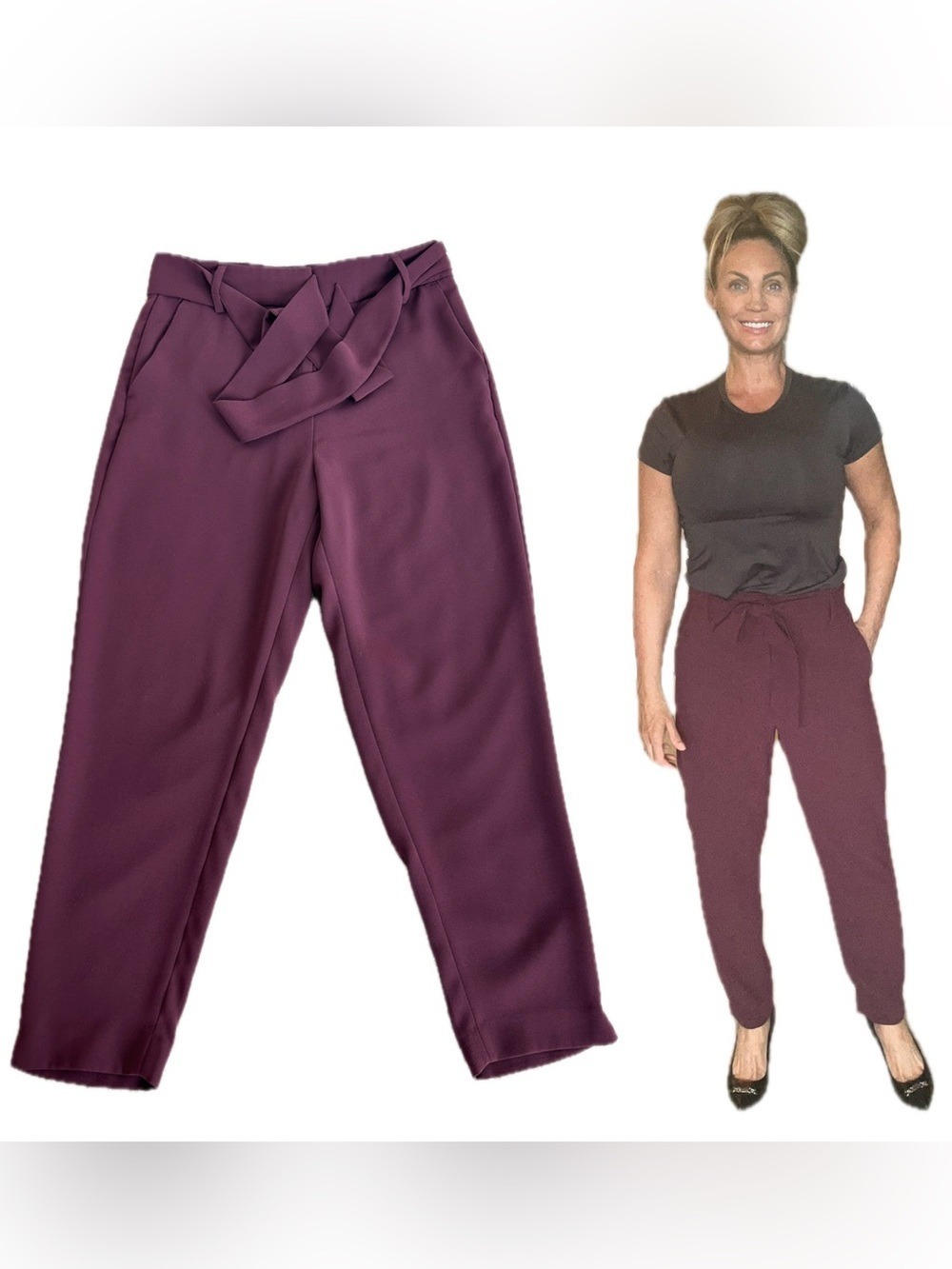 RW&CO Women’s maroon burgundy High-Waist Tie Front ankle Pants Sz 8-Plum
